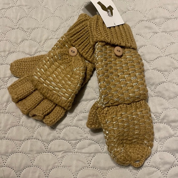 Knitted Fingerless Gloves or Mittens, Tan with Metallic Silver, NWT! - Picture 3 of 7